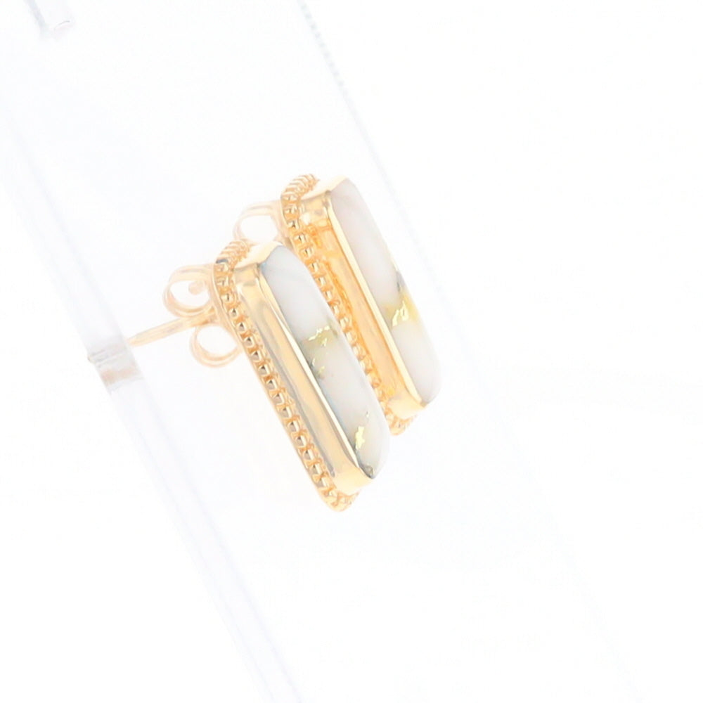 Gold Quartz Earrings Rectangle Inlaid Milgrain Design - G2