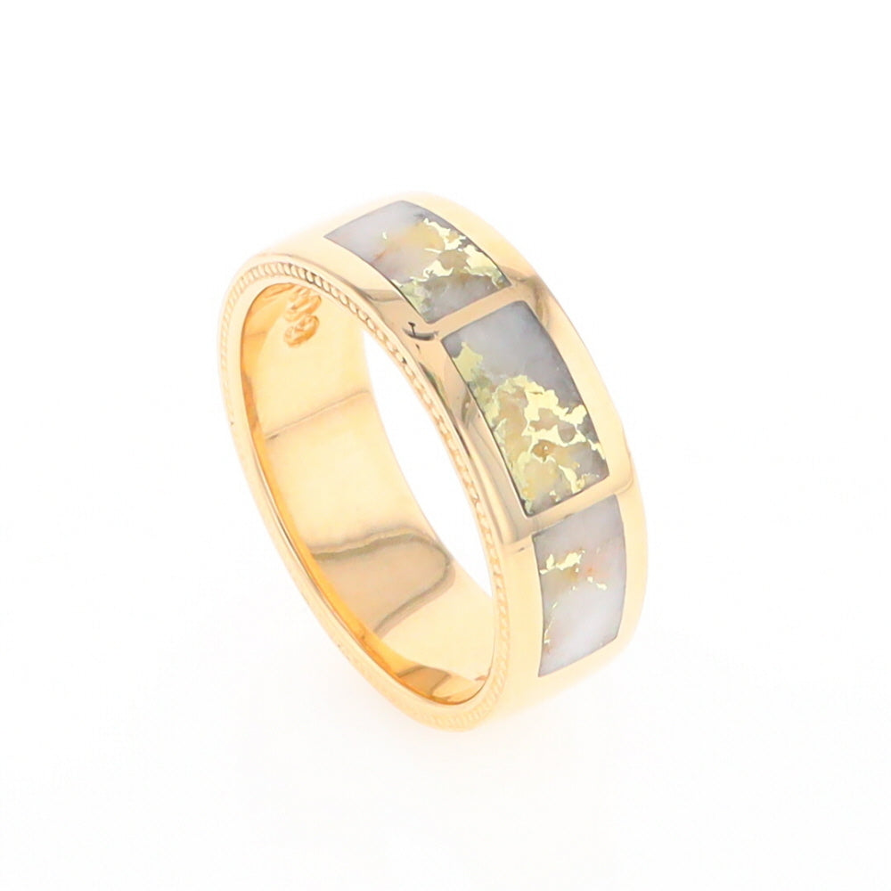 Gold Quartz Ring 3 Section Rectangle Inlaid Band with Milgrain Design