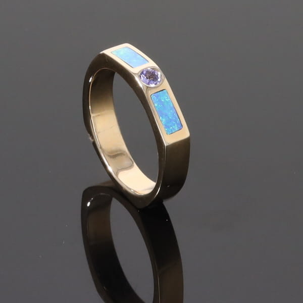Opal Rings 2 Section Inlaid Design with Round Tanzanite