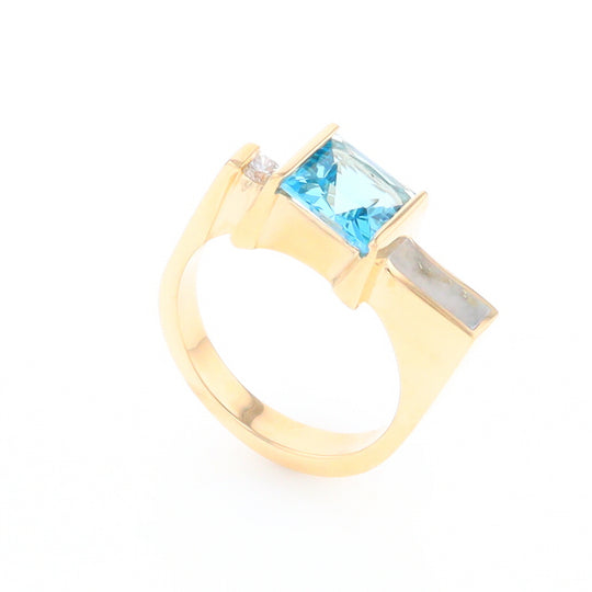 Gold Quartz Ring Rectangle Inlay Swiss Blue Topaz .06ct Round Diamond