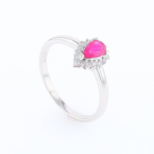 Natural Pear Cut Ruby with Diamond Halo 18K White Gold