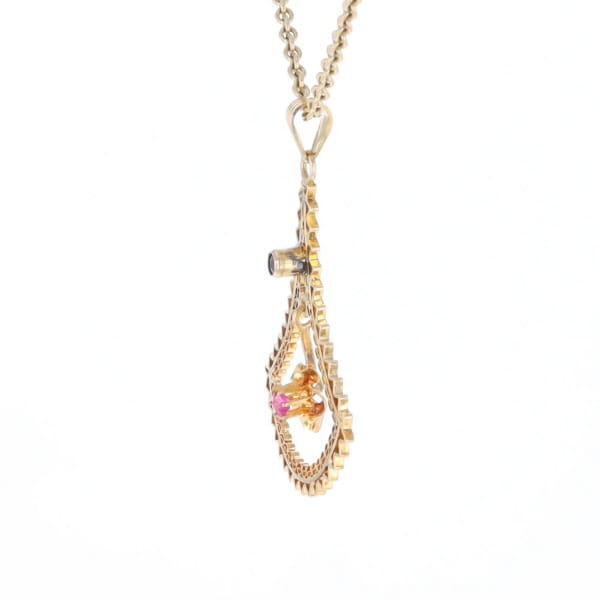 Vintage Buttercup Dangle Ruby Scrollwork Pendant