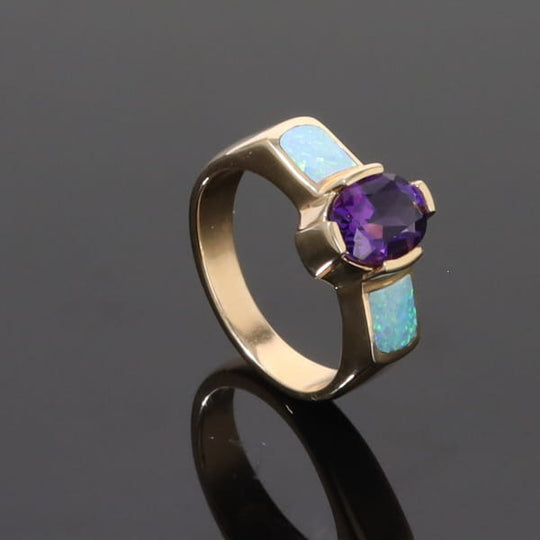 Opal Rings 2 Section Inlaid Design with Oval Amethyst Center