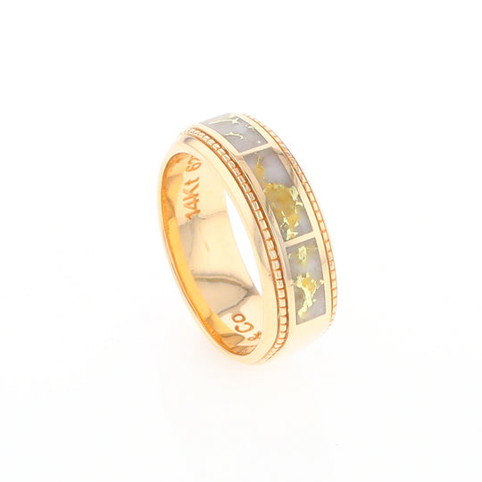 Gold Quartz Ring 3 Section Rectangle Inlaid Milgrain Border Band G1