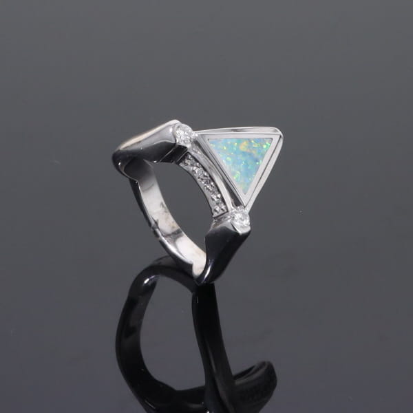 Opal Rings Triangle Inlaid Design with .31ctw Round Diamonds