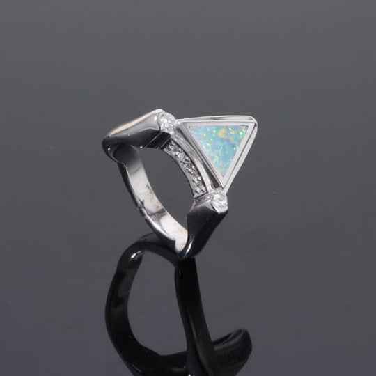 Opal Rings Triangle Inlaid Design with .31ctw Round Diamonds