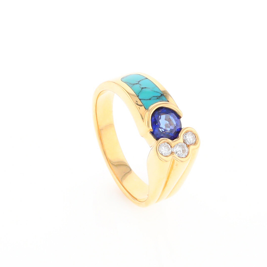 Turquoise Inlaid Ring with Sapphire and 0.23ctw Diamonds