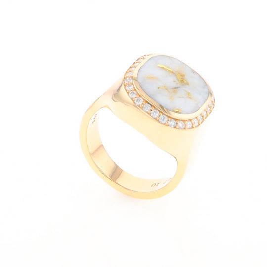 Gold Quartz Cushion Inlaid Men's Ring with Diamond Halo