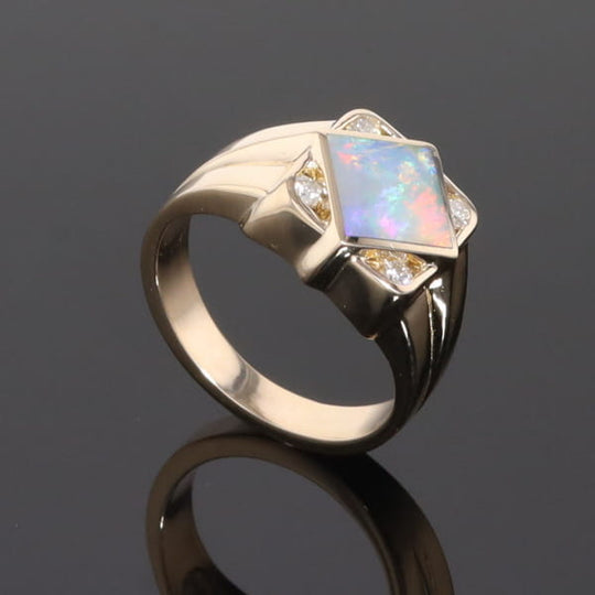 Natural Australian Opal ring diamond shape inlaid design with .16ctw round diamonds