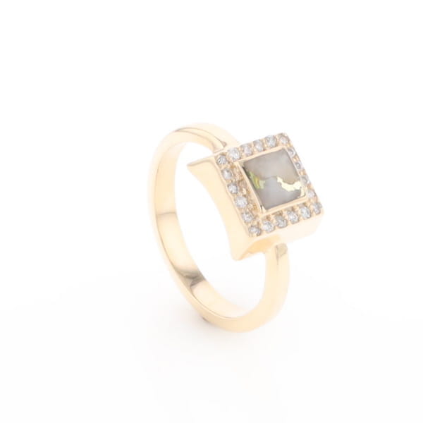 Gold Quartz Ring Square Inlaid Halo .14ctw Diamonds Design