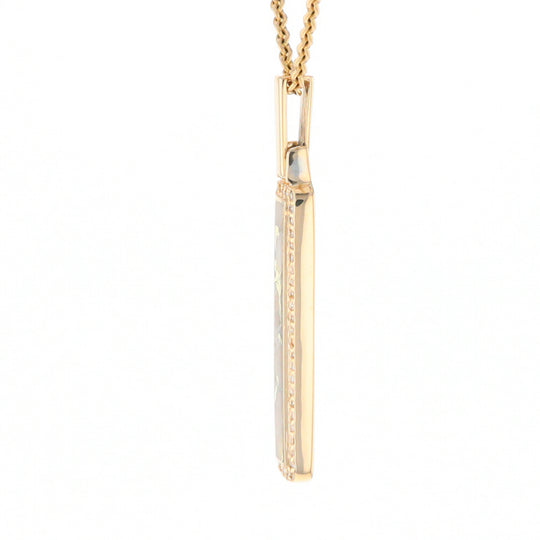 Gold Quartz Necklace, Rectangle Inlaid, .27ctw Diamond Halo Pendant