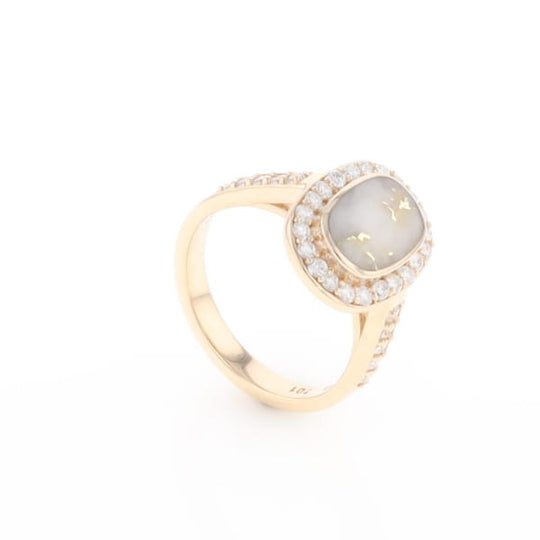 Rectangular Gold Quartz Inlaid Ring with 0.65ctw Diamond Halo