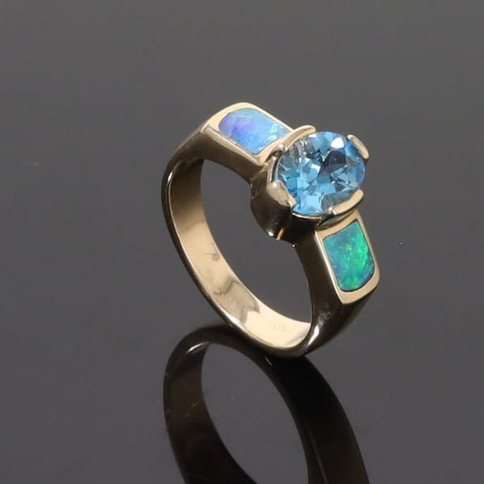 Opal Rings 2 Section Inlaid Design with Oval Swiss Blue Topaz Center