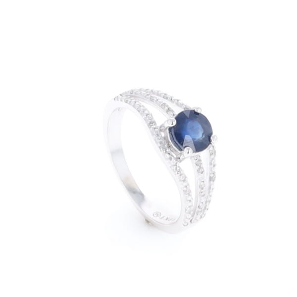 Blue Sapphire Triple Shank Ring With Accent Diamonds