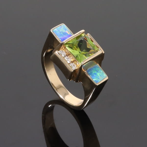 Opal Rings 2 Square Inlaid Peridot with 0.24ctw Diamonds