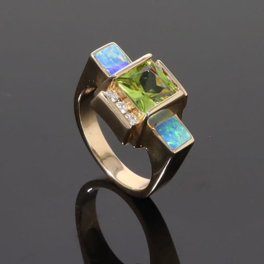 Opal Rings 2 Square Inlaid Peridot with 0.24ctw Diamonds