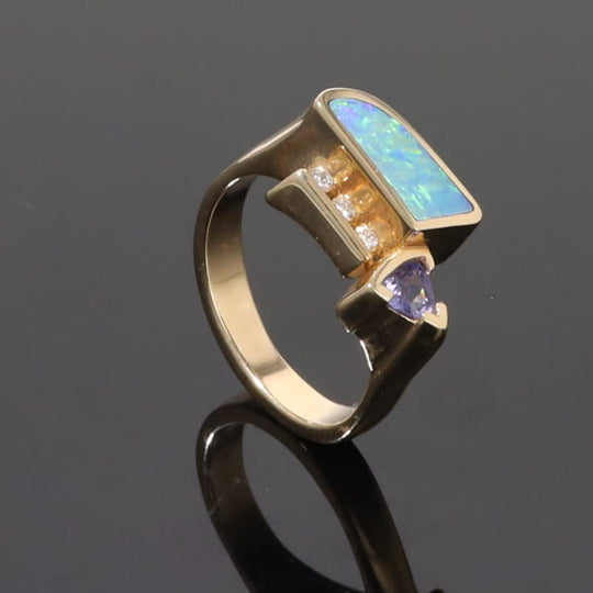 Opal Rings Geometric Inlaid with Tanzanite and .08ctw Round Diamonds