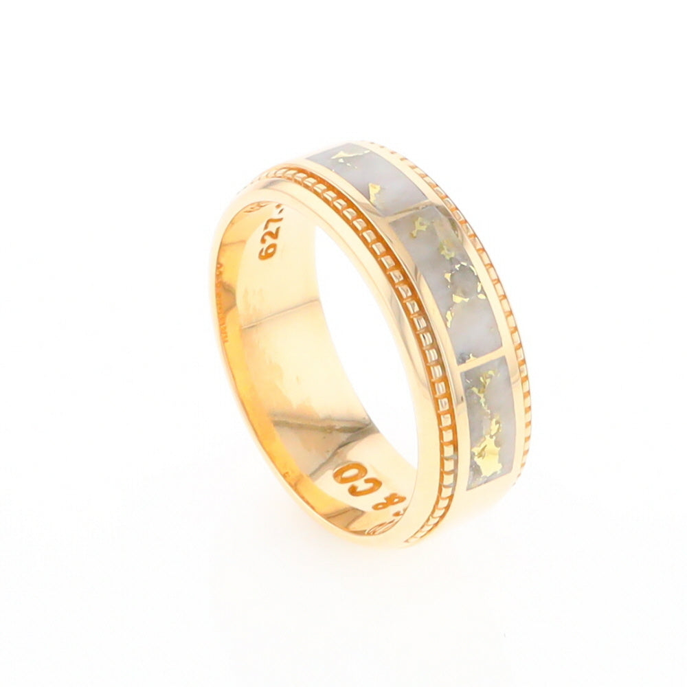 Gold Quartz Ring 3 Section Rectangle Inlaid Milgrain Border Band