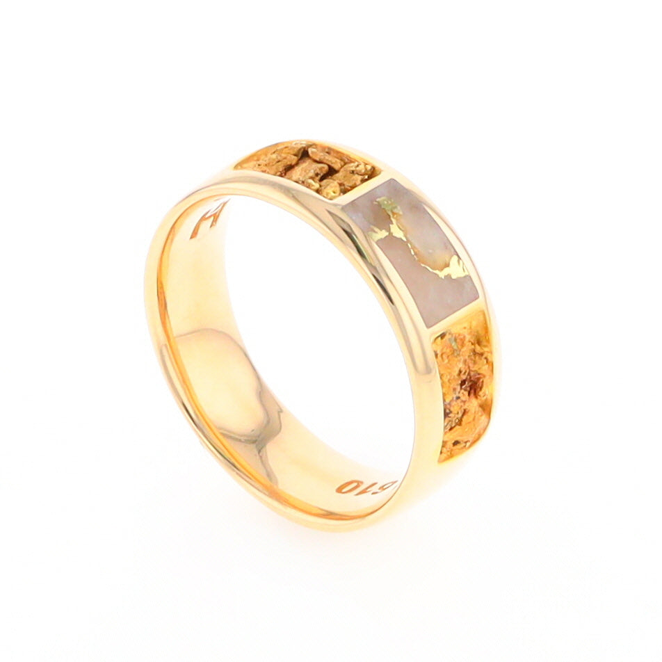 Gold Quartz Ring Rectangle Inlaid with Natural Nugget Sides