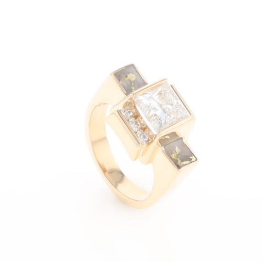 Princess Cut Diamond Gold Quartz 2-Square Inlaid Ring