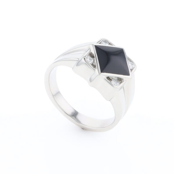 Natural onyx ring diamond shape inlaid design with .16ctw round diamonds