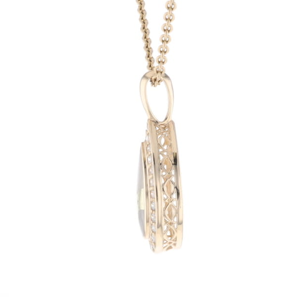 Gold Quartz Pendant Tear Drop Inlaid .42ctw Diamond Halo Design