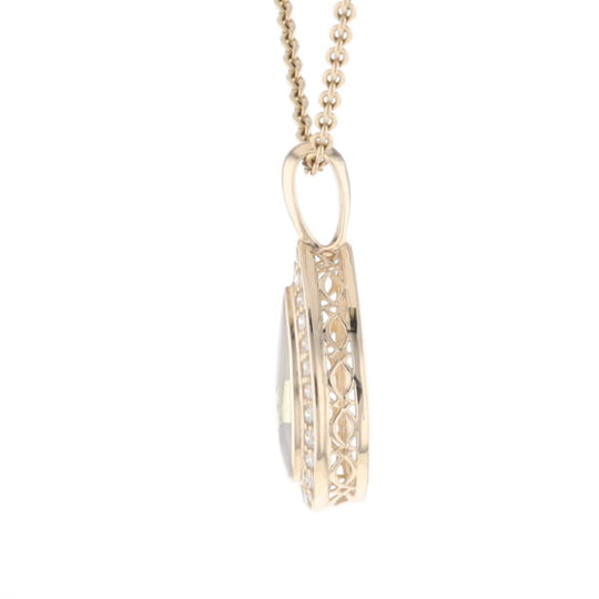 Gold Quartz Pendant Tear Drop Inlaid .42ctw Diamond Halo Design
