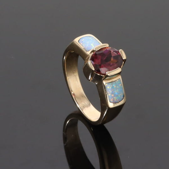 Opal Rings 2 Section Inlaid Design with Oval Pink Tourmaline