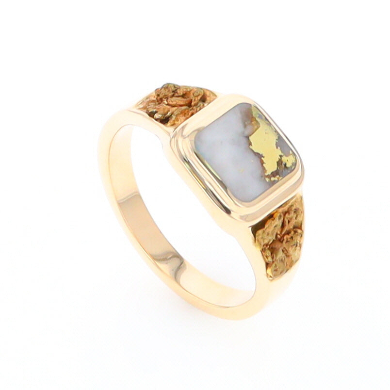 Gold Quartz Ring Square Inlaid Design Double Natural Nugget Sides