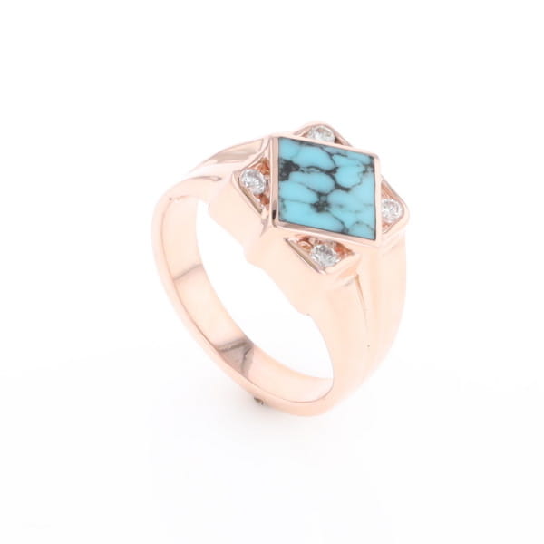 Natural Turquoise ring diamond shape inlaid design with .16ctw round diamonds