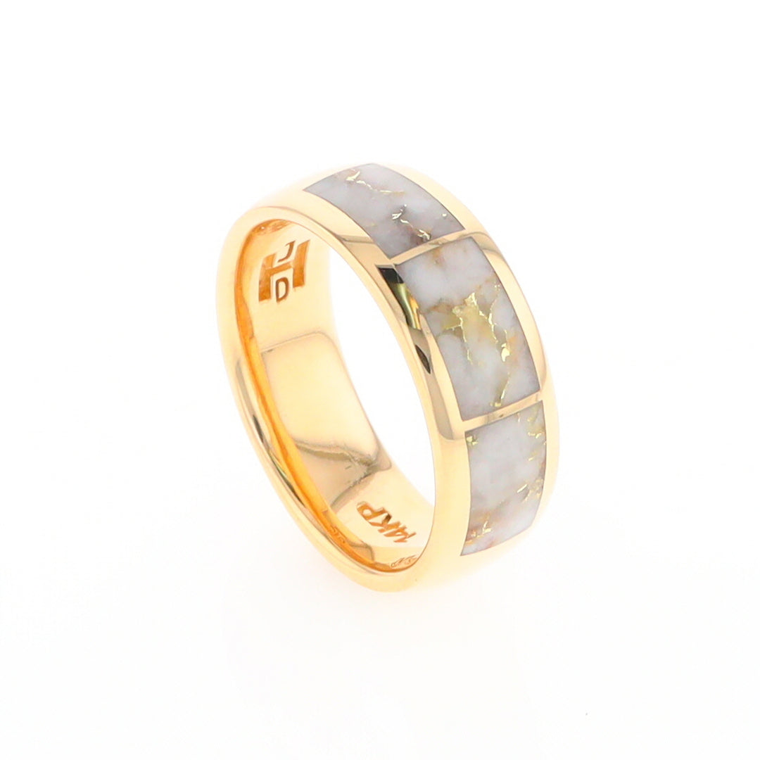 Gold Quartz Ring 3 Section Rectangle Inlaid Design Band