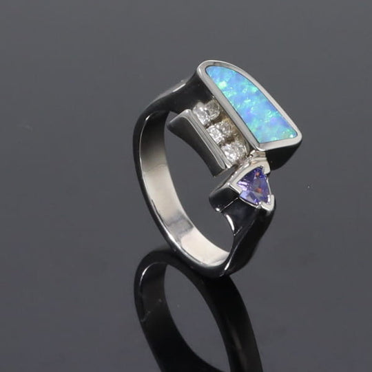 Opal Rings Geometric Inlaid Design with Tanzanite and .08ctw Diamonds