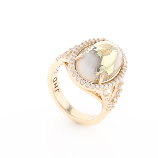 Gold Quartz Ring Oval Cabochon 0.65ctw Round Diamonds Halo