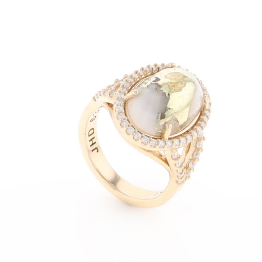 Gold Quartz Ring Oval Cabochon 0.65ctw Round Diamonds Halo