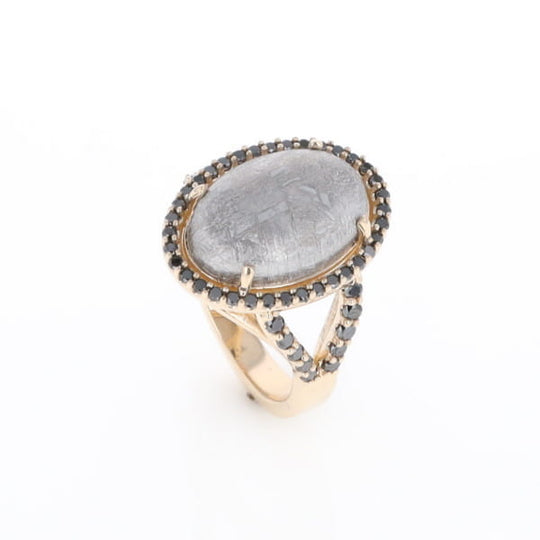 Meteorite Ring Oval Cabochon 0.65ctw Round Black Diamonds Halo