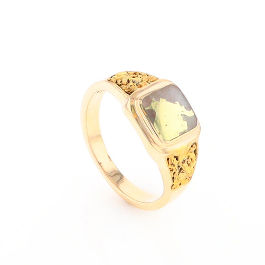 Gold Quartz Ring Square Inlaid Design Double Natural Nugget Sides