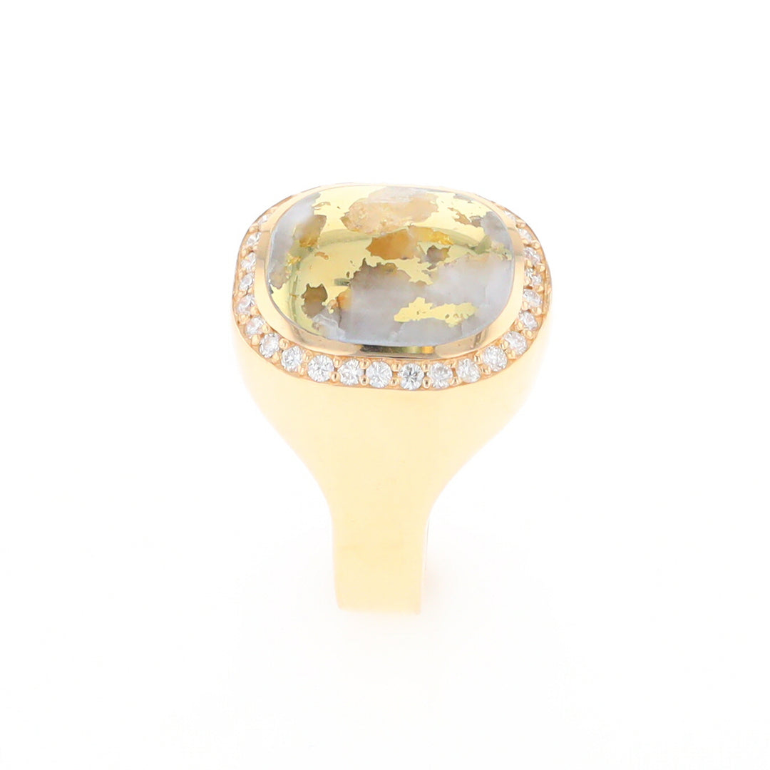 Gold Quartz Cushion Inlaid Men's Ring with Diamond Halo