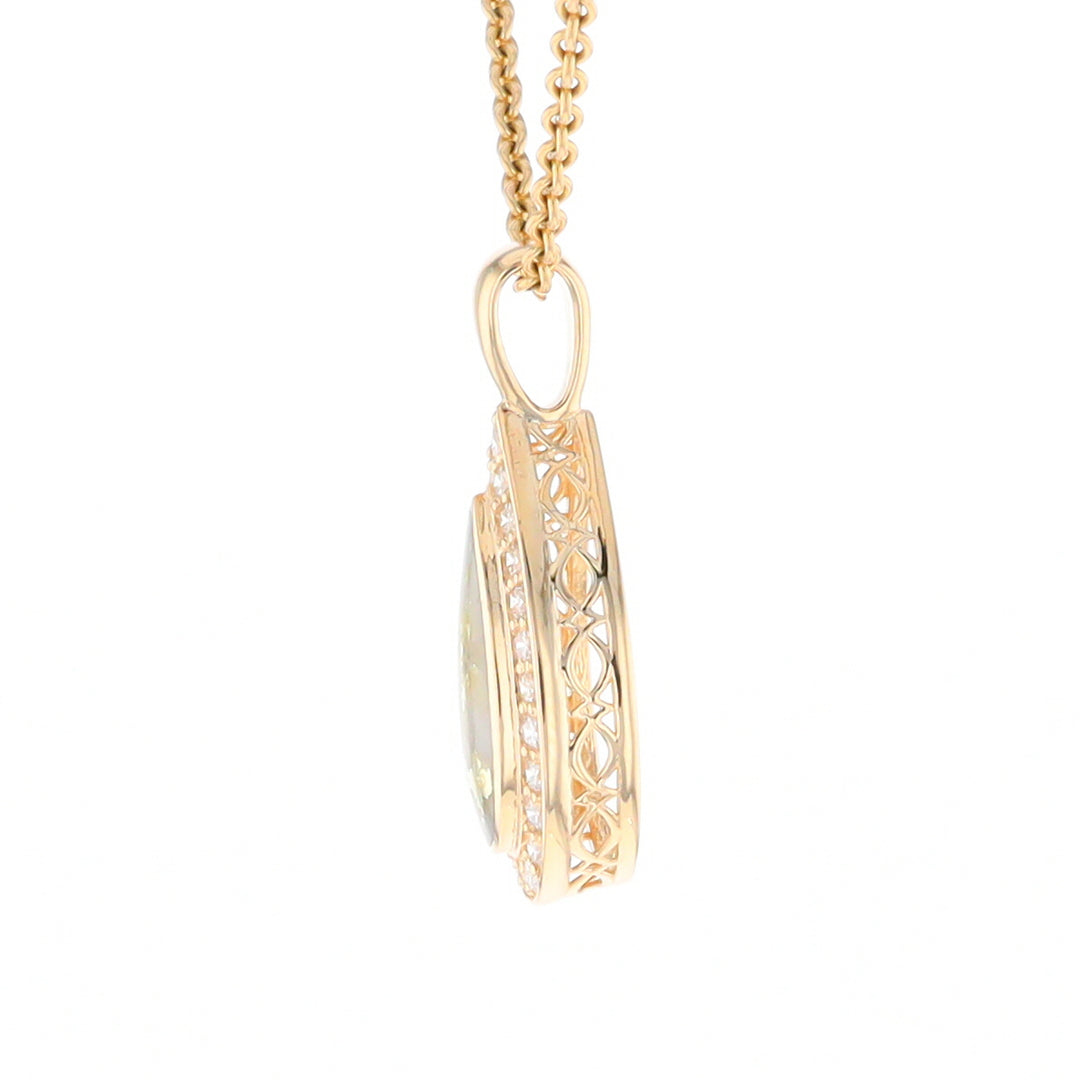 Gold Quartz Pendant Tear Drop Inlaid .42ctw Diamond Halo Design