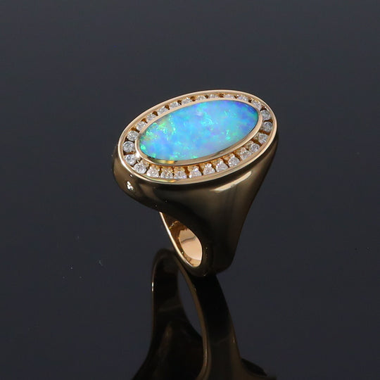 Opal Rings Oval Inlaid Design with .36ctw Round Diamonds Halo