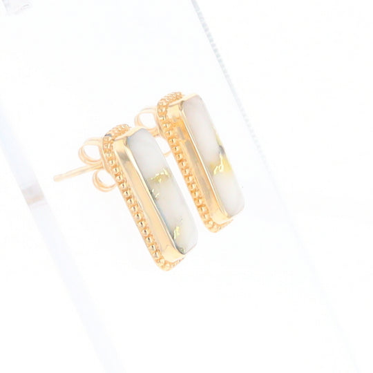 Gold Quartz Earrings Rectangle Inlaid Milgrain Design - G2