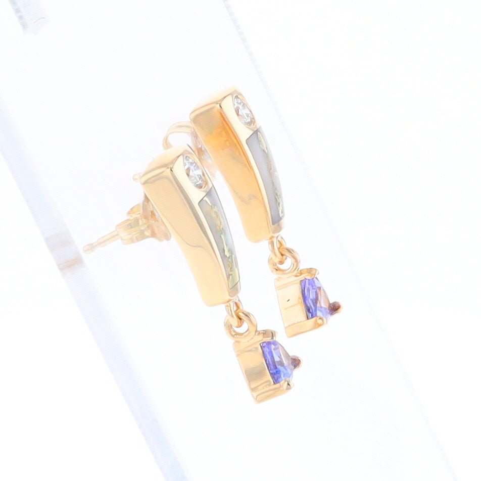 Gold Quartz Earrings Rectangle Inlaid Design with 0.11ct Diamonds & Trillion Cut Tanzanite