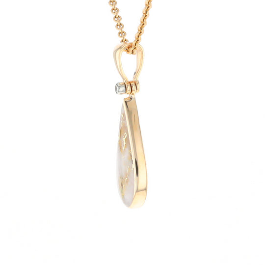 Gold Quartz Necklace Tear Drop Inlaid Pendant with .02ct Diamond