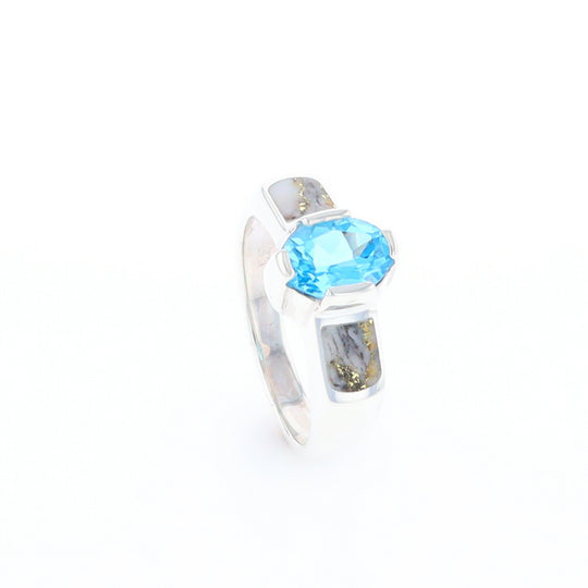 Sterling Silver Gold Quartz Inlaid Oval Blue Topaz Ring - G3