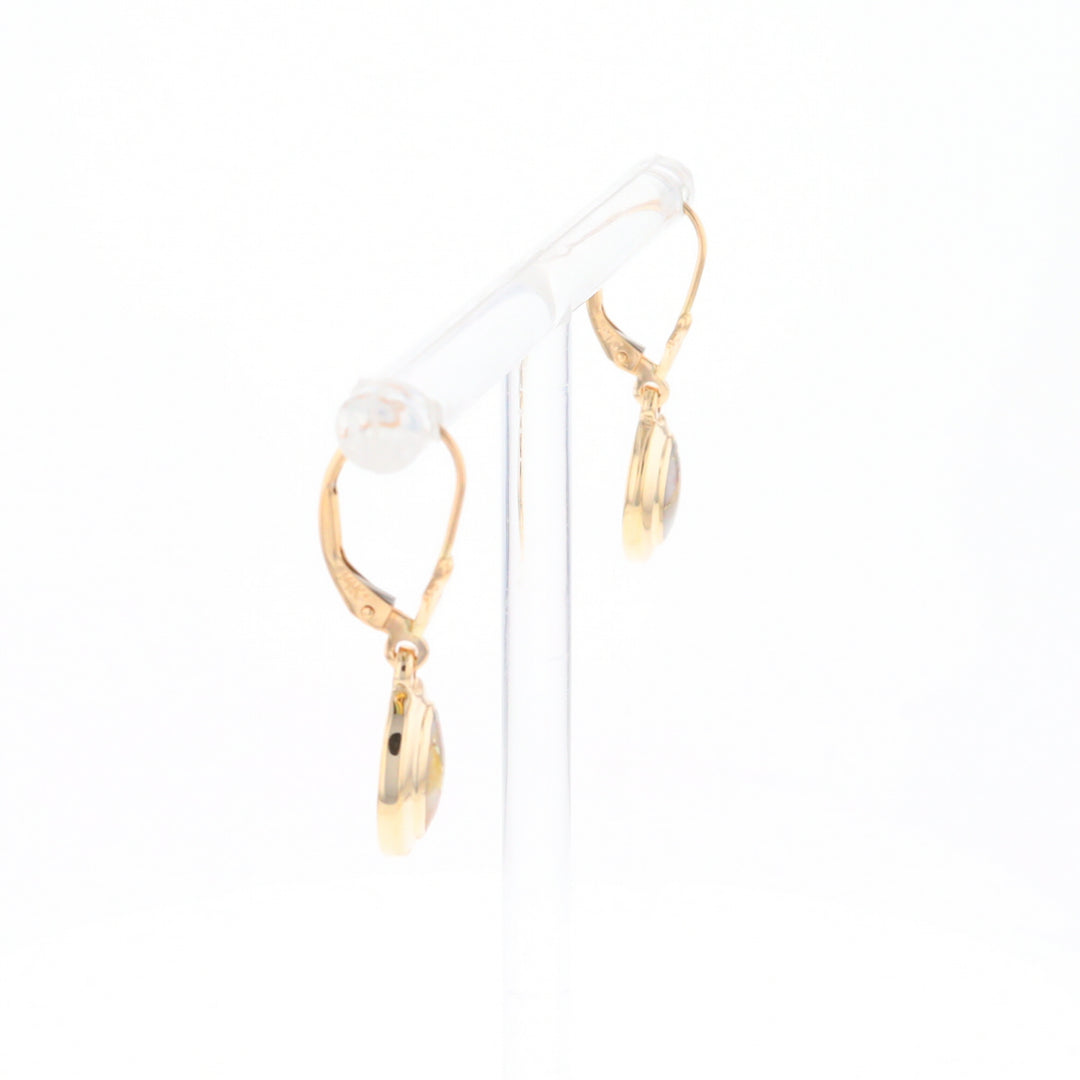 Gold Quartz Earrings Oval Inlaid Design Lever Backs - G2