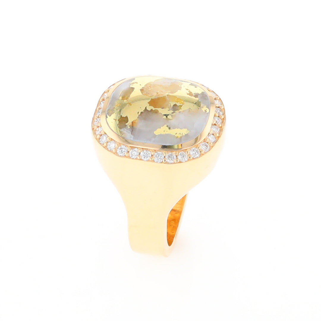 Gold Quartz Cushion Inlaid Men's Ring with Diamond Halo