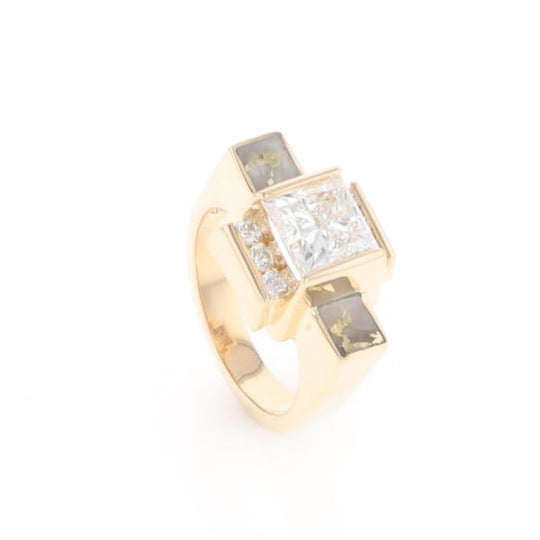 Princess Cut Diamond Gold Quartz 2-Square Inlaid Ring