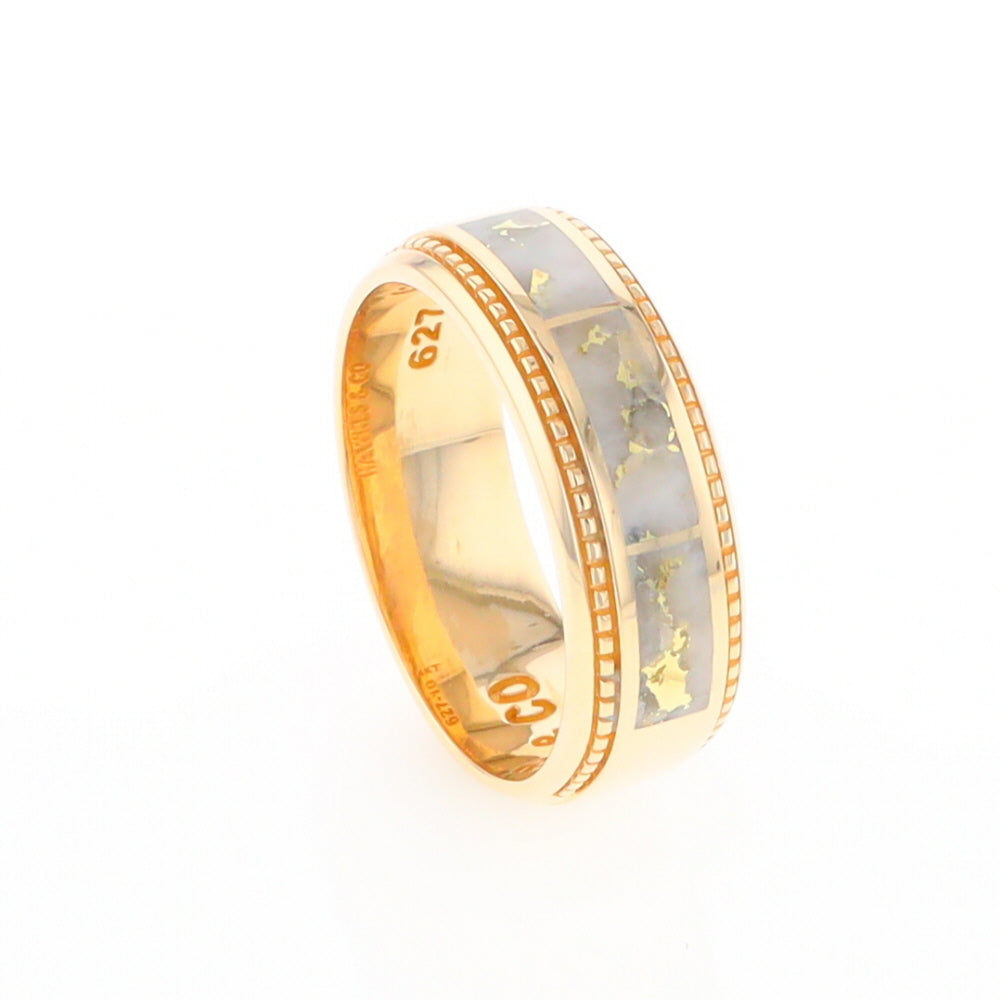 Gold Quartz Ring 3 Section Rectangle Inlaid Milgrain Border Band