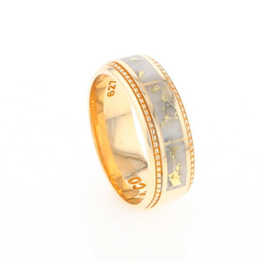 Gold Quartz Ring 3 Section Rectangle Inlaid Milgrain Border Band