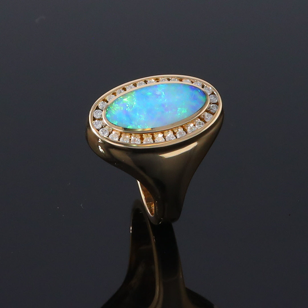 Opal Rings Oval Inlaid Design with .36ctw Round Diamonds Halo