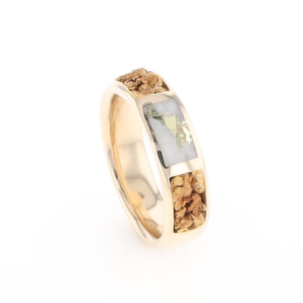 G1 Gold Quartz Ring Inlaid Center Natural Nugget Sides Band